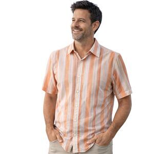 Calvin Klein Mens Short Sleeve Button Down Shirt Orange White Stripe Medium